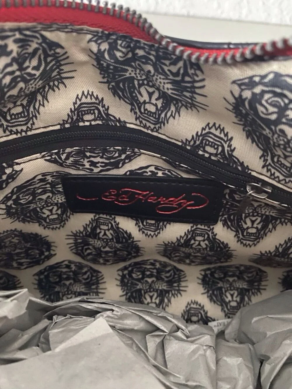 Ed Hardy Black Red Tote Satchel Chain Charm Studded Croc Embossed‎ Skulls NEW